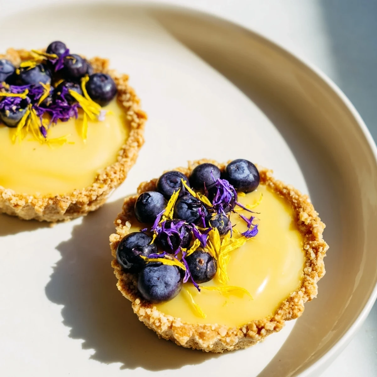 Creamy vegan lemon tarts in crisp almond crusts garnished with delicate lemon zest curls