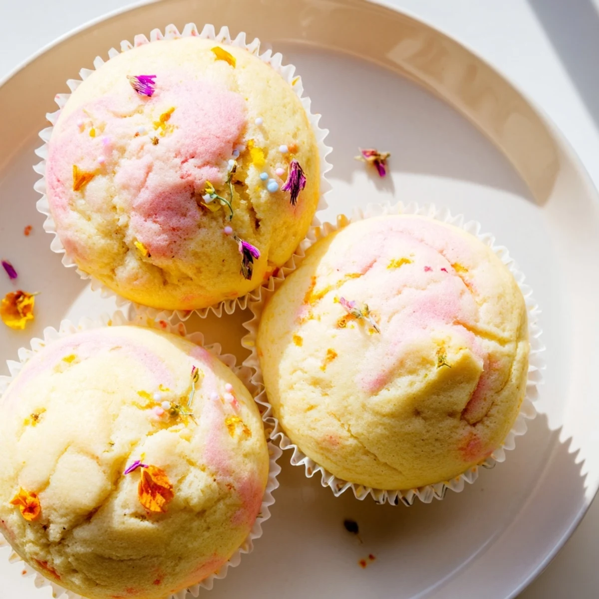 Fluffy steamed blooming cupcakes with cracked golden tops on a rustic plate