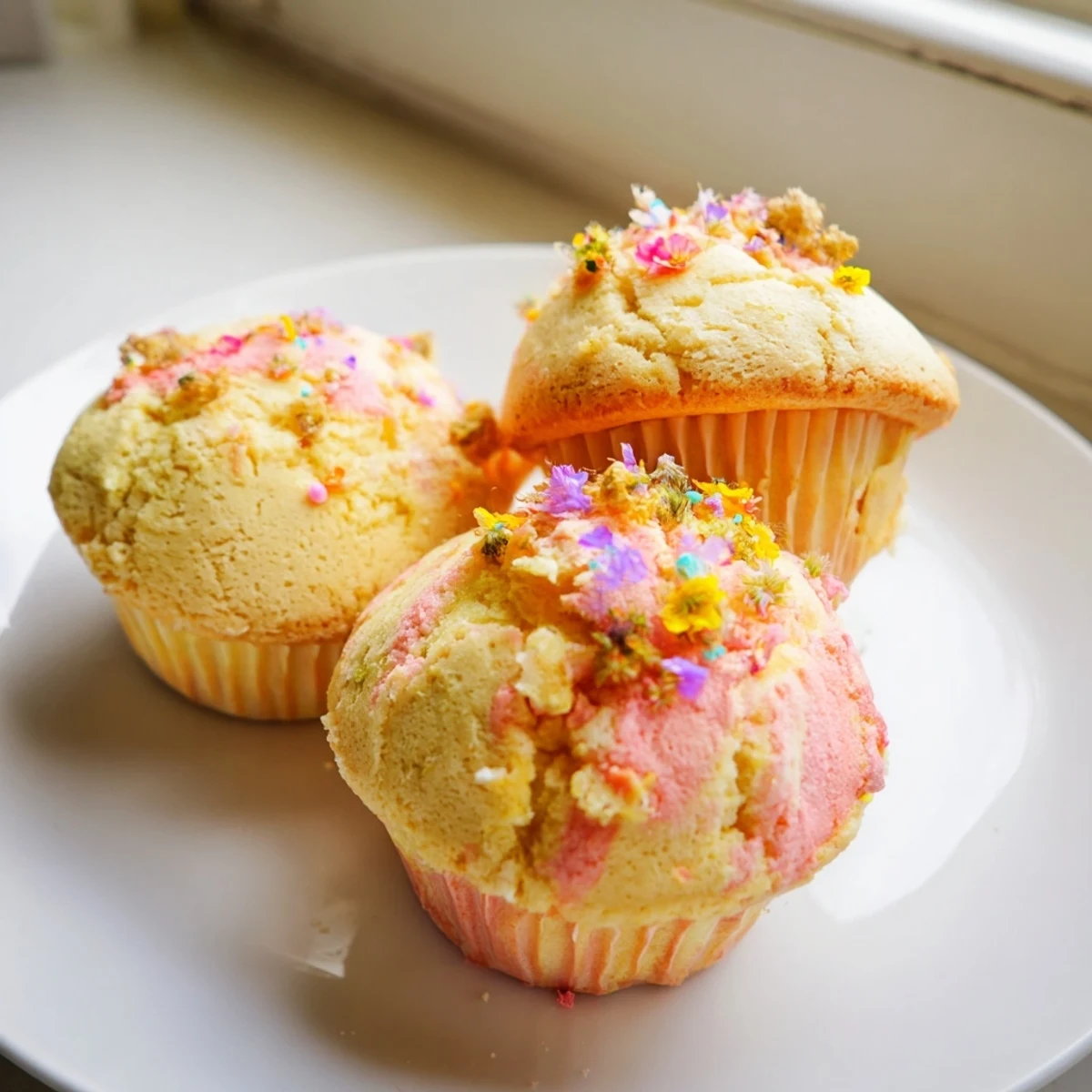 Colorful steamed blooming cupcakes arranged on parchment with edible flower garnish