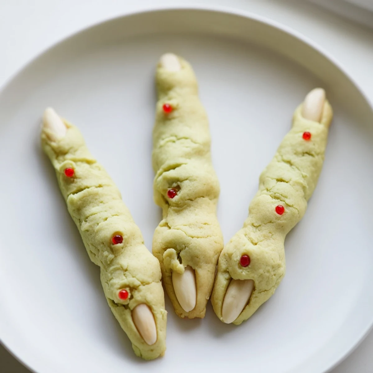 Golden Creepy Witch Finger Cookies arranged on a spooky Halloween dessert platter