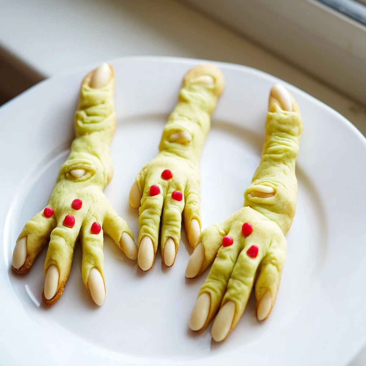 Creepy Witch Finger Cookies with bloody almond nails on a rustic baking sheet