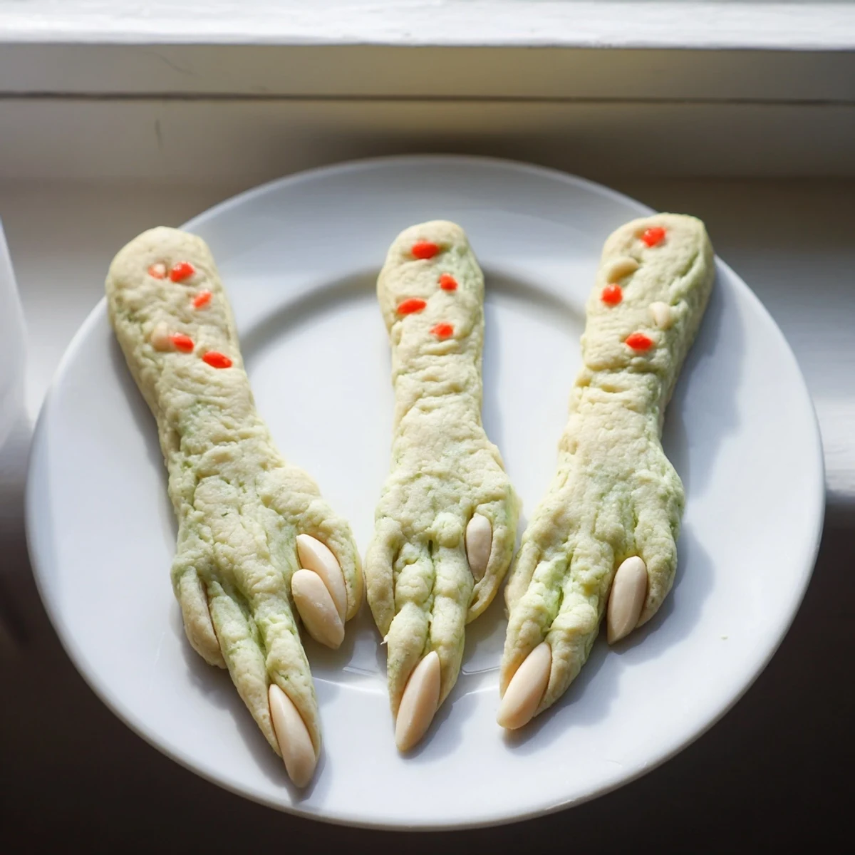 Creepy Witch Finger Cookies with red jam dripping from crispy almond fingernails