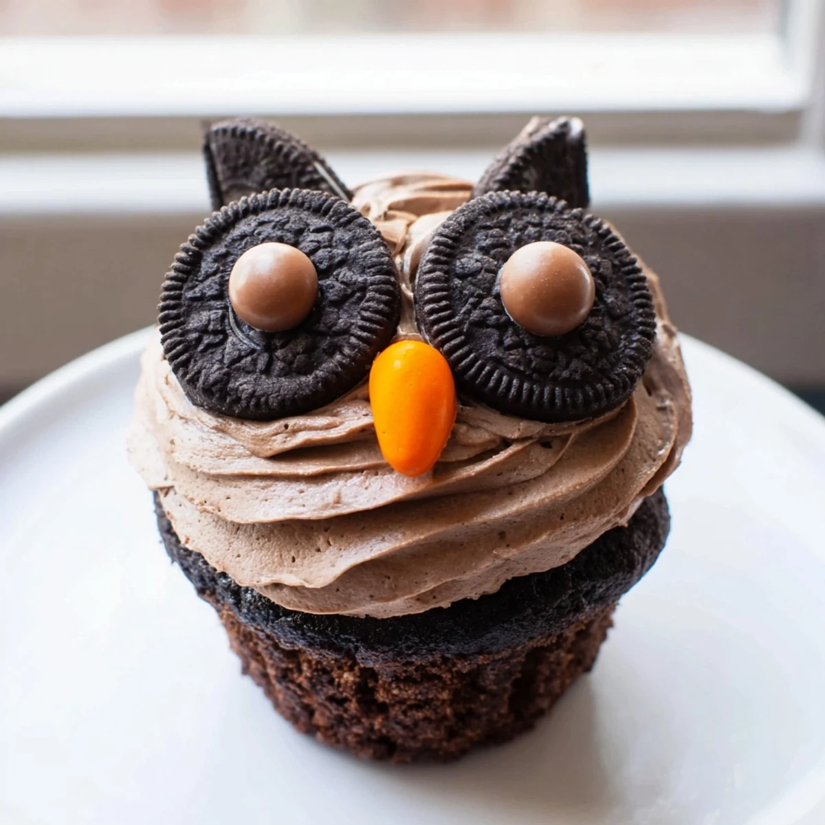 Frosted Oreo Owl Cupcakes topped with cookie eyes and bright orange candy beaks