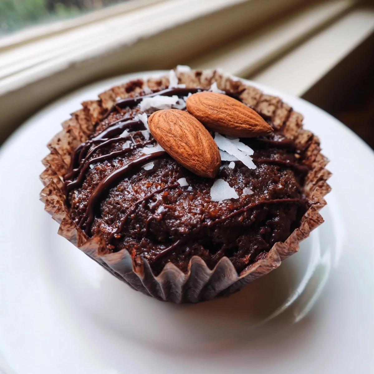 Rich flourless almond joy cupcakes topped with melted chocolate drizzle and roasted almonds