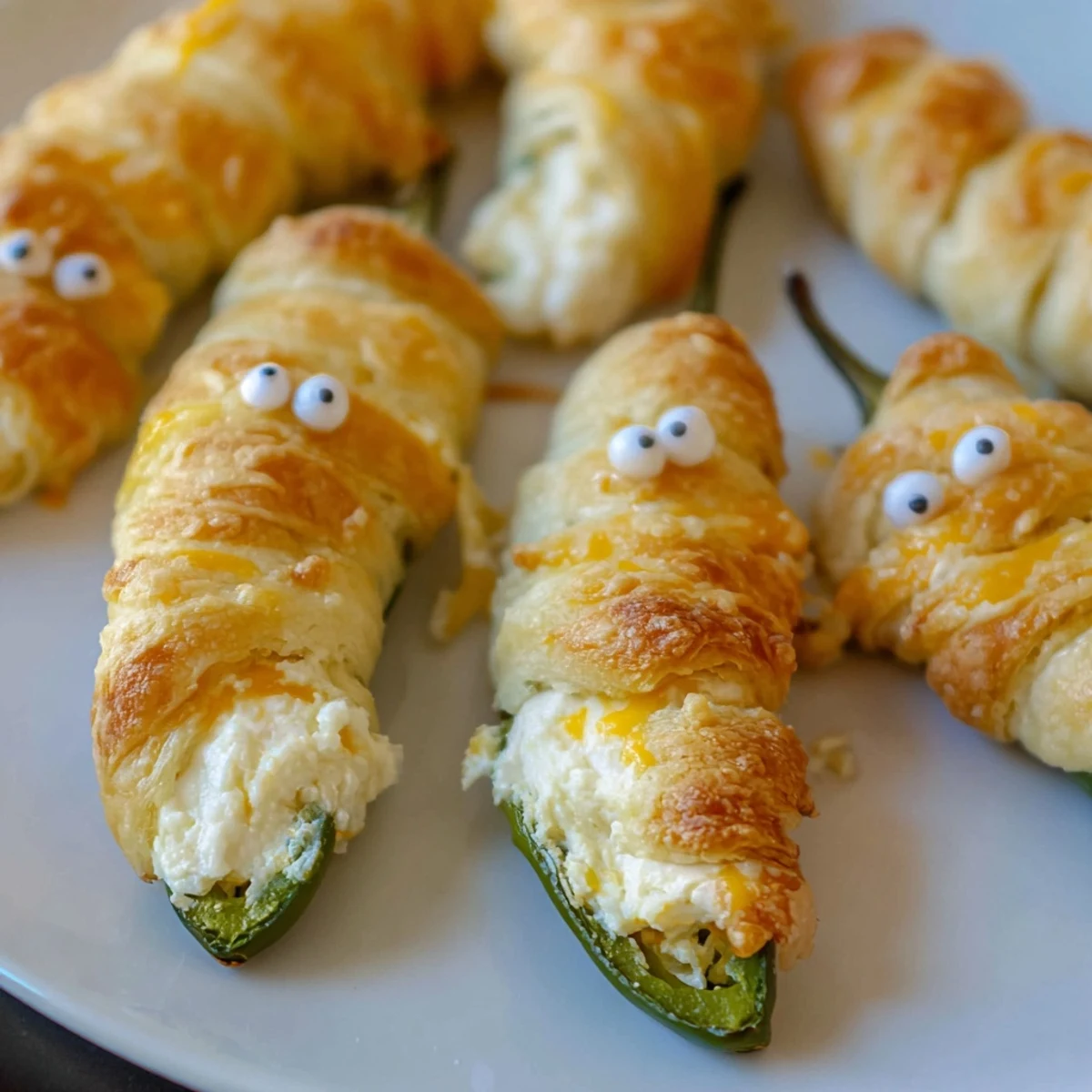 Crispy golden mummy jalapeño poppers with gooey cheese filling and candy eyes on a rustic baking sheet
