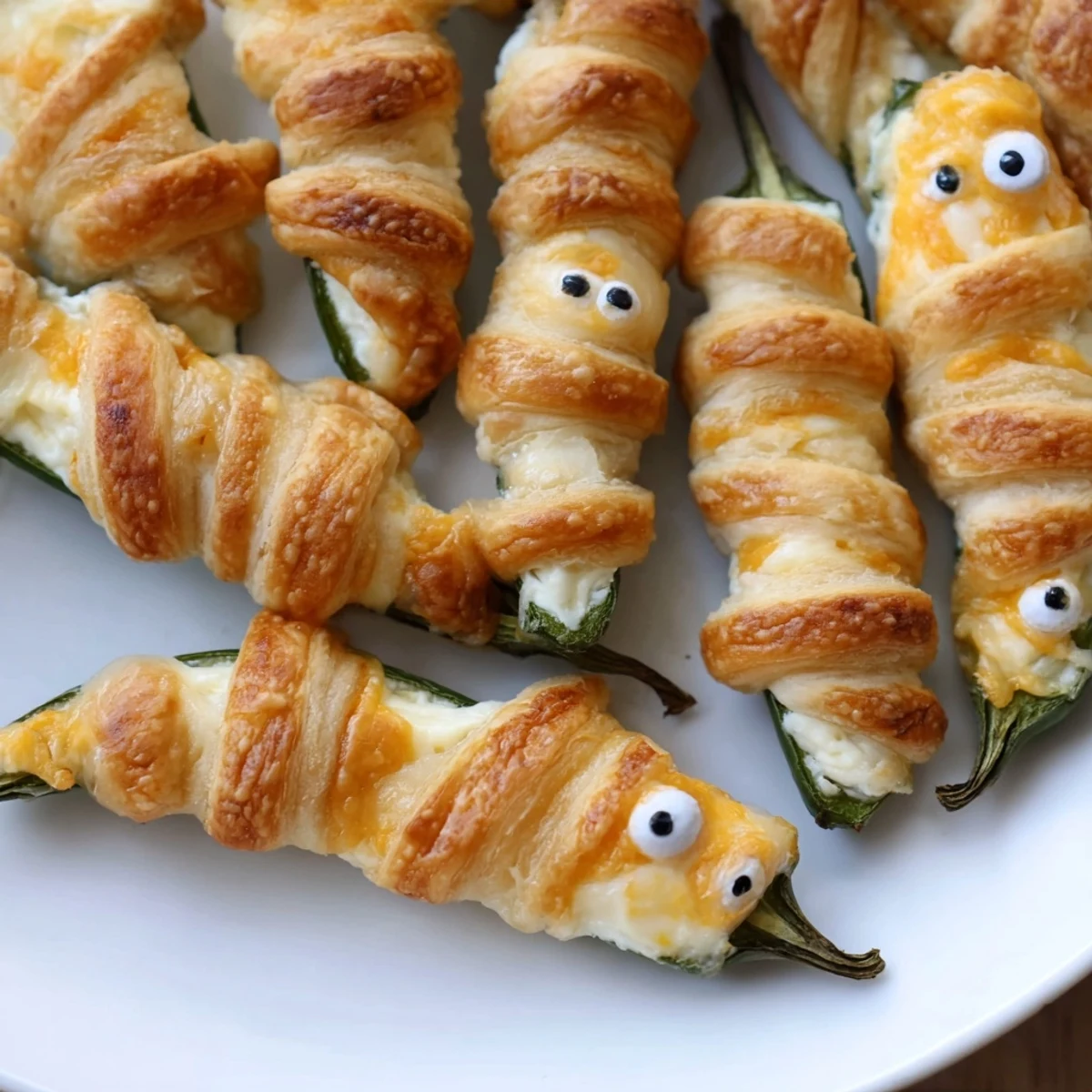Creepy mummy jalapeño poppers fresh from the oven wrapped in flaky dough bandages with olive eyes