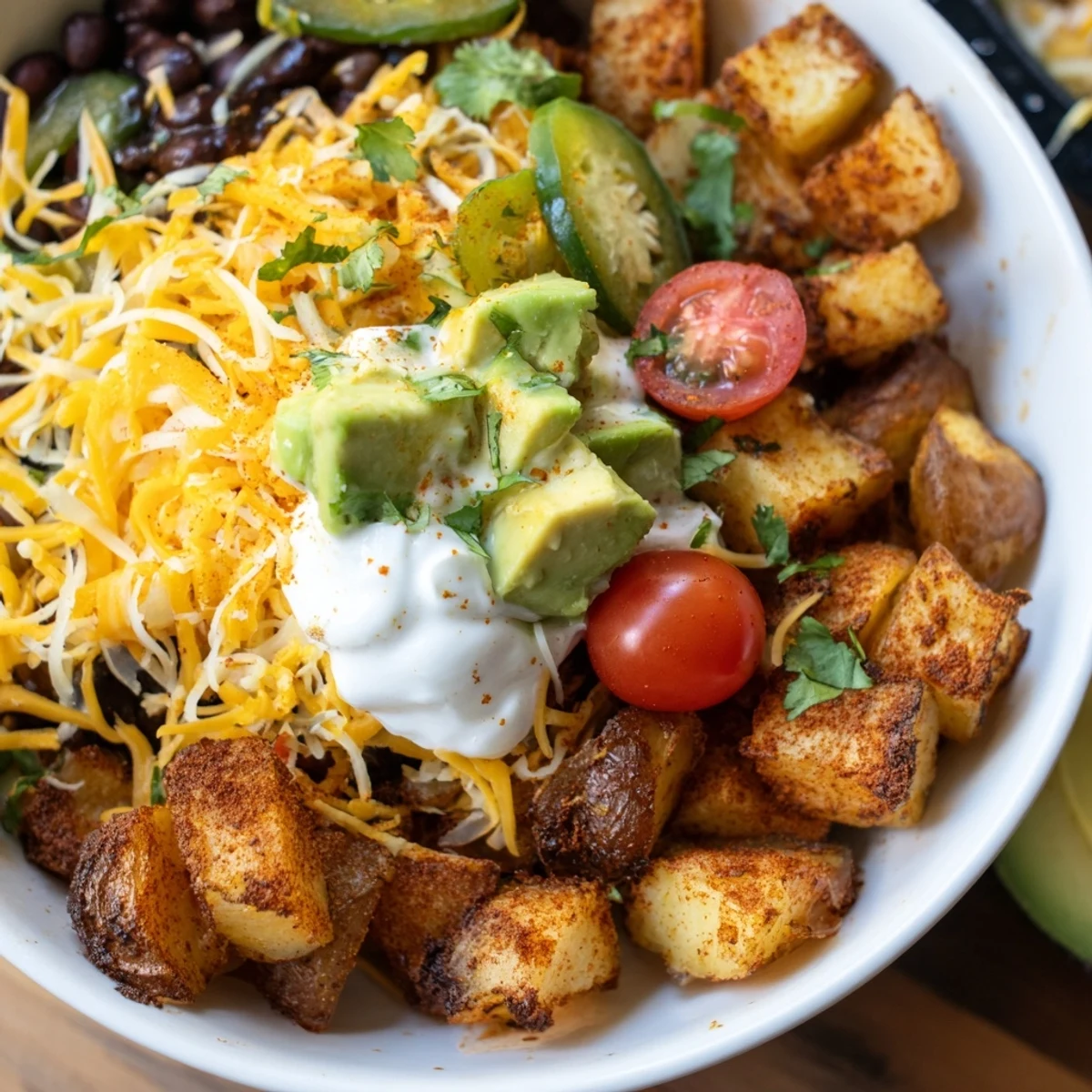 Golden roasted potatoes topped with melted cheddar and fresh avocado in loaded fiesta potato bowls