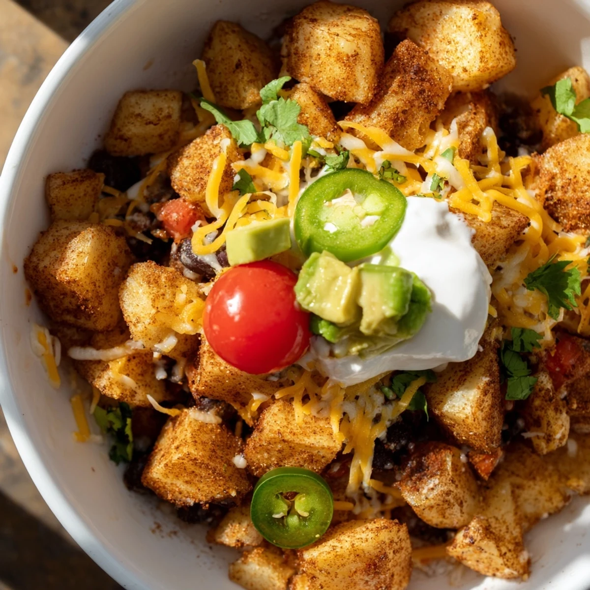 Warm black beans and crispy spiced potatoes layered with vibrant Tex-Mex toppings in loaded fiesta potato bowls
