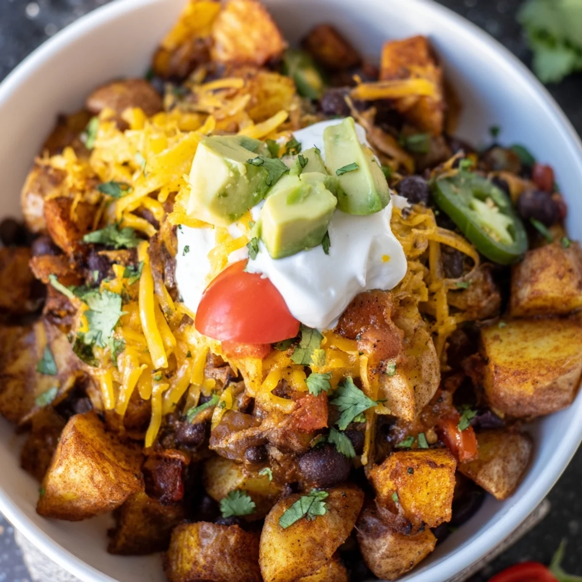 A colorful loaded fiesta potato bowls serving with sour cream drizzle, diced tomatoes, and lime wedge