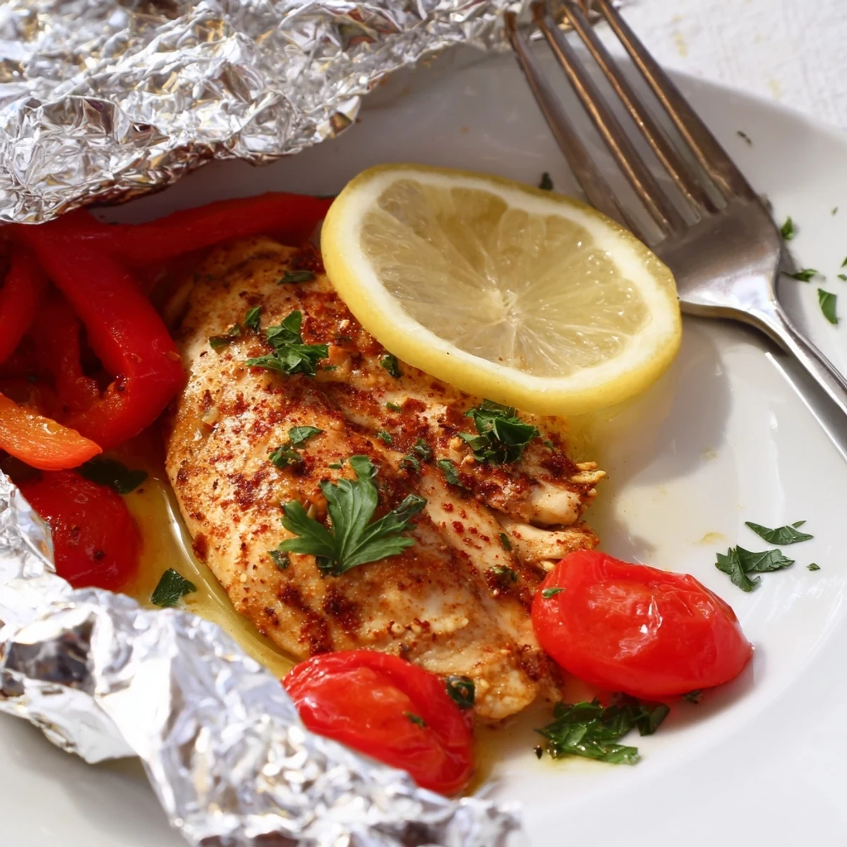 Juicy chicken foil packets recipe with colorful bell peppers and tender zucchini steaming inside shiny foil
