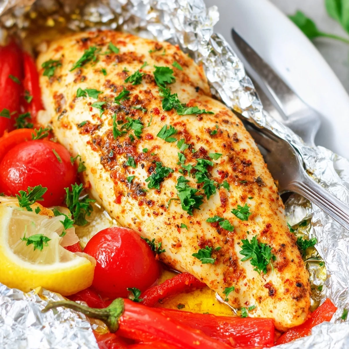 Golden herb-seasoned chicken foil packets recipe served open on a plate with fresh lemon wedges