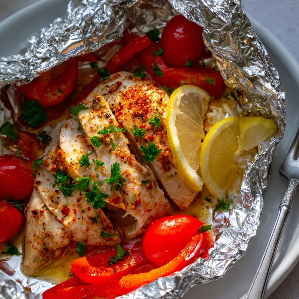 Steamy chicken foil packets recipe revealing savory roasted tomatoes and squash alongside parsley-garnished breasts