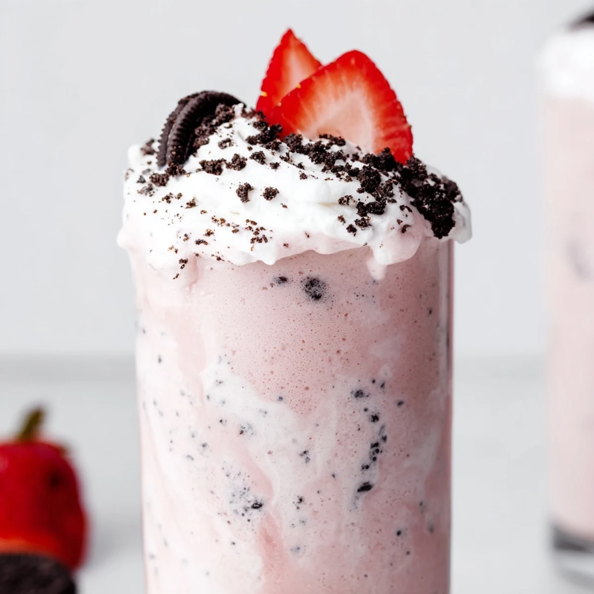 Thick pink Strawberry Oreo Milkshake topped with whipped cream and crushed cookies