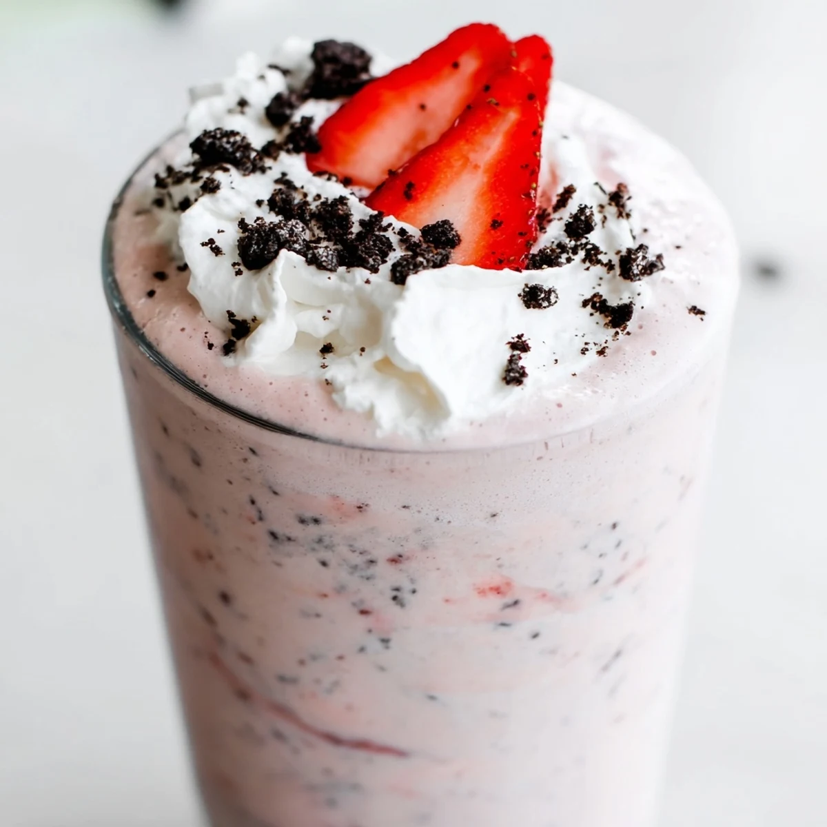 A tall frothy Strawberry Oreo Milkshake drizzled with cookie crumbs and a cherry
