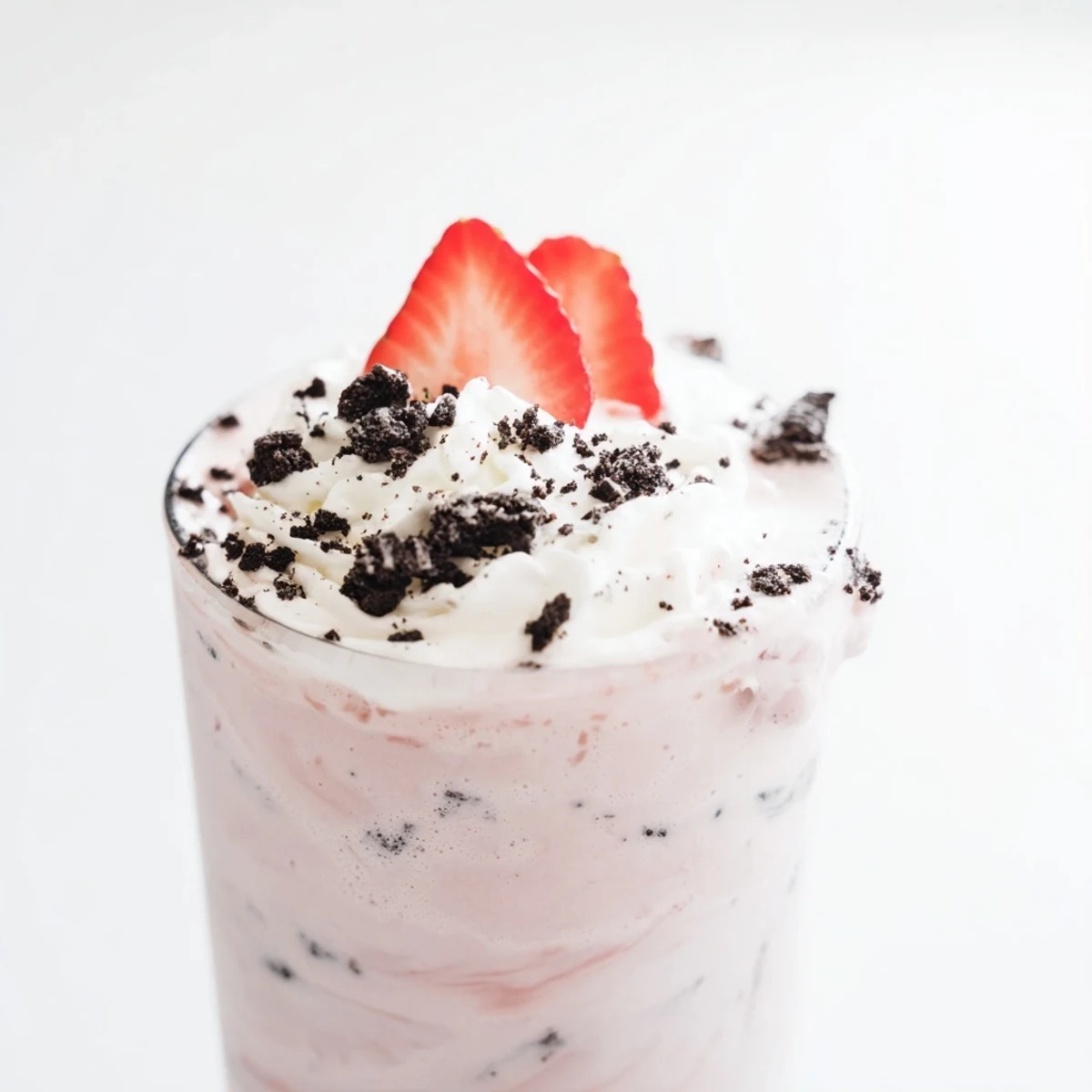 Two chilled glasses of creamy Strawberry Oreo Milkshake garnished with fresh strawberry slices