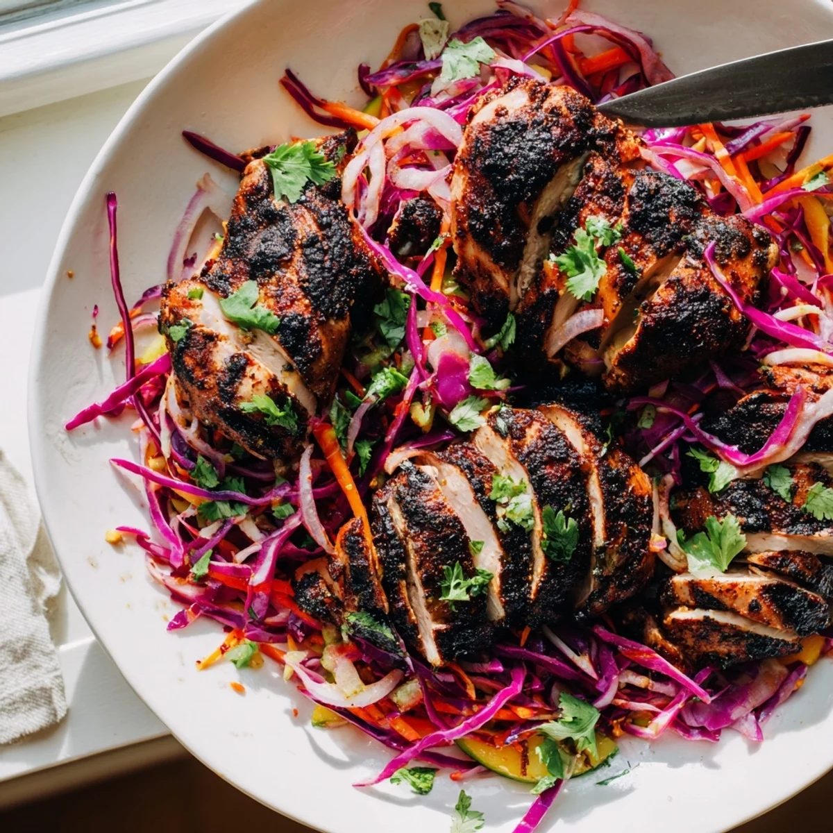 Charred spicy jerk chicken sliced over bright mango slaw on a plate