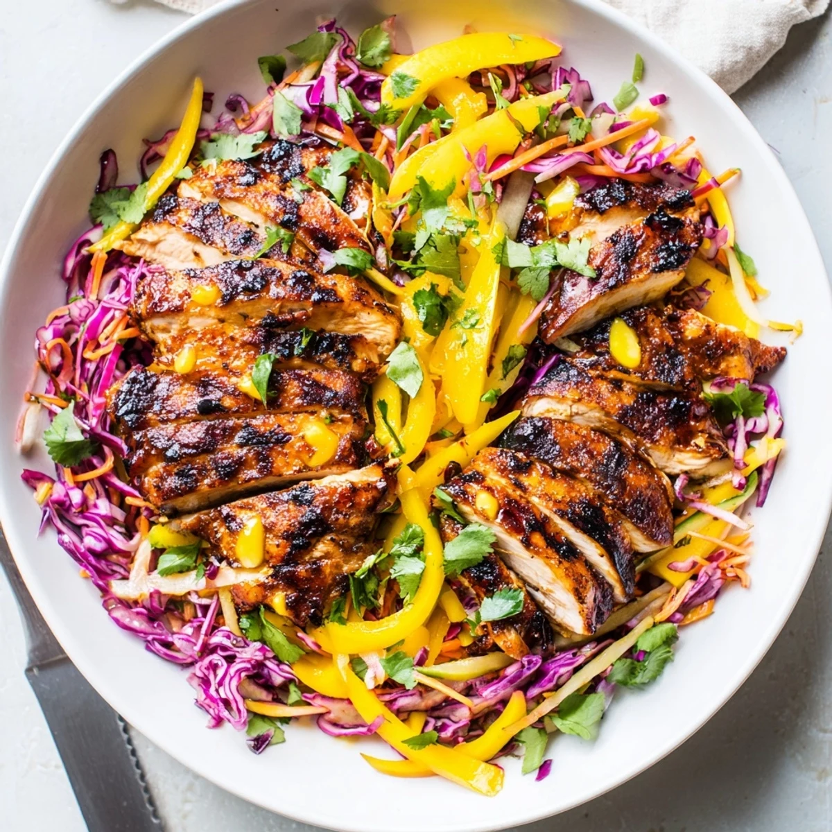 Juicy Caribbean jerk chicken served atop a colorful mango and cabbage slaw