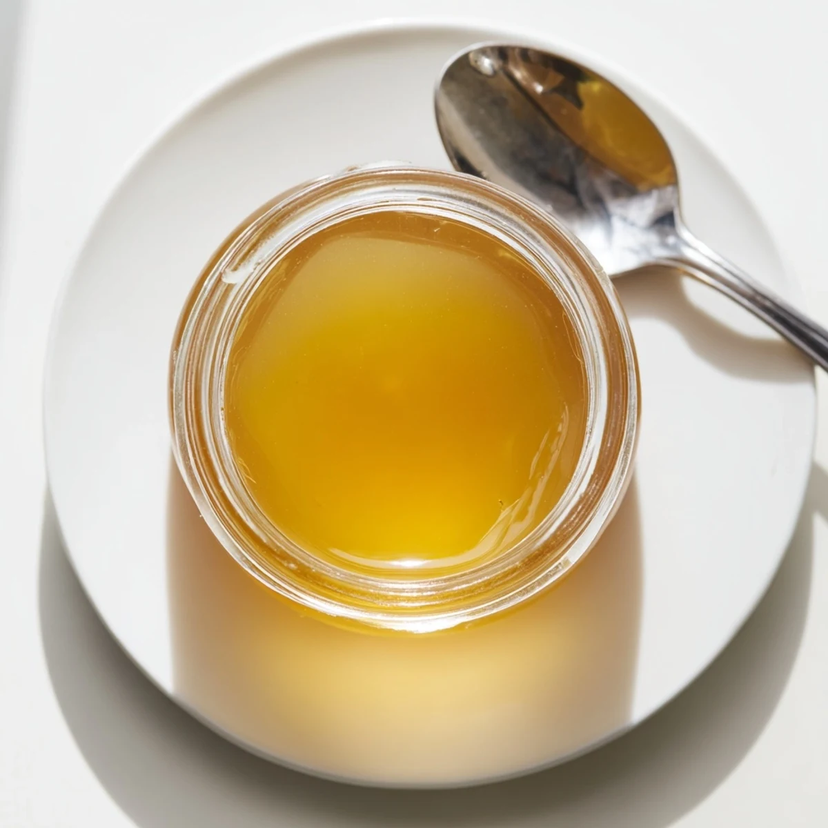 Warm dandelion jelly poured into sterilized jars with a lemon slice
