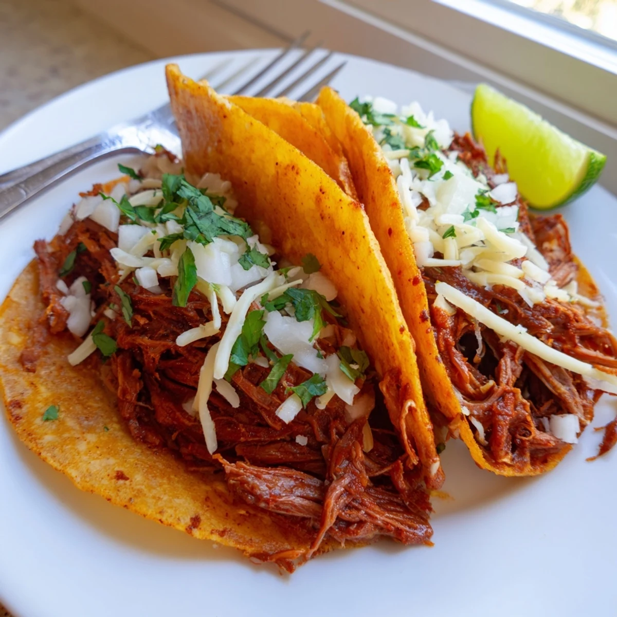 Crispy slow cooker birria tacos topped with onion, cilantro, and lime wedges