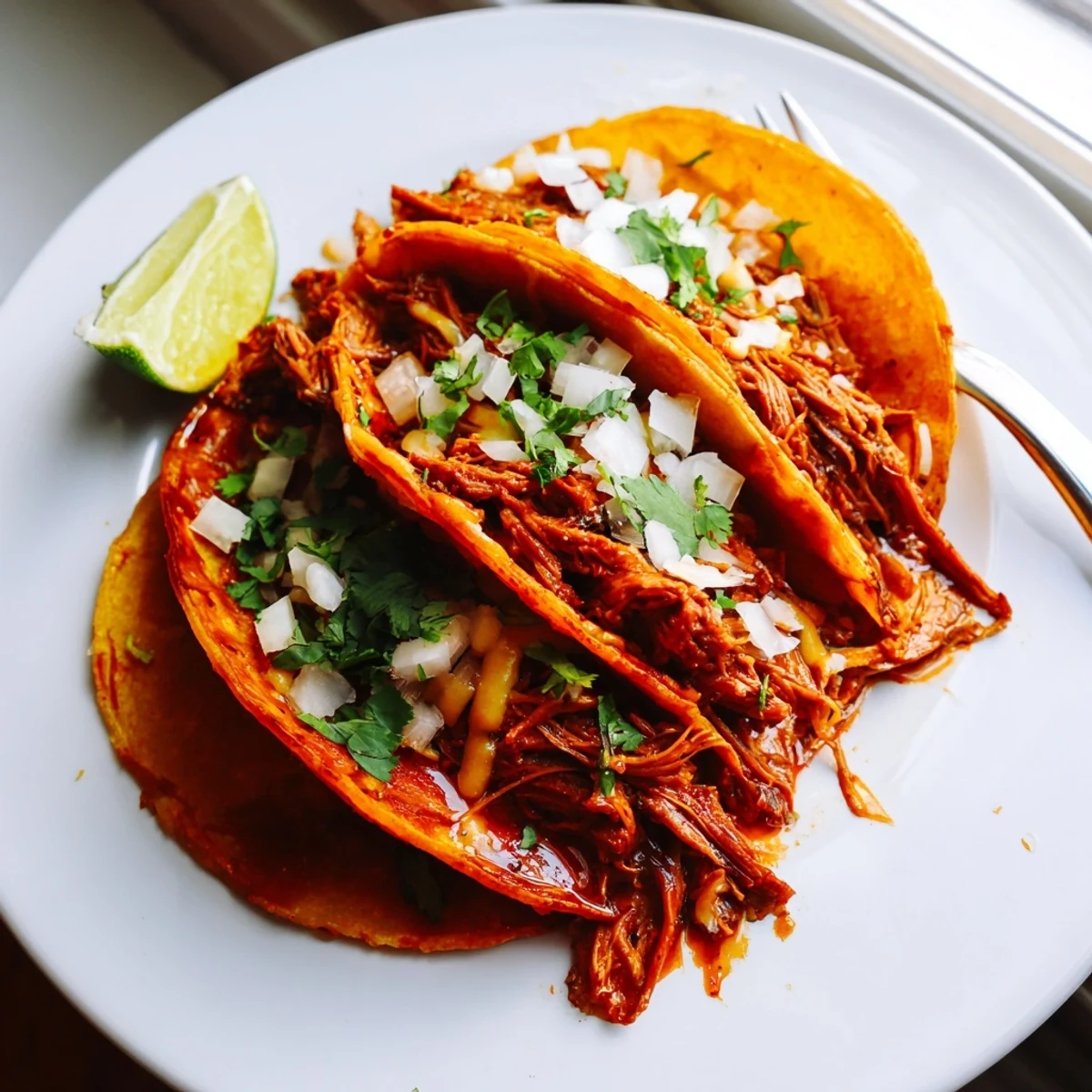 Tender shredded beef in slow cooker birria tacos served with warm consommé