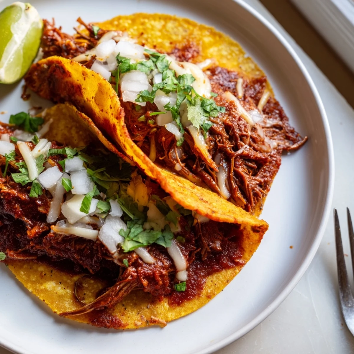 Golden slow cooker birria tacos filled with juicy beef and melted Oaxaca cheese