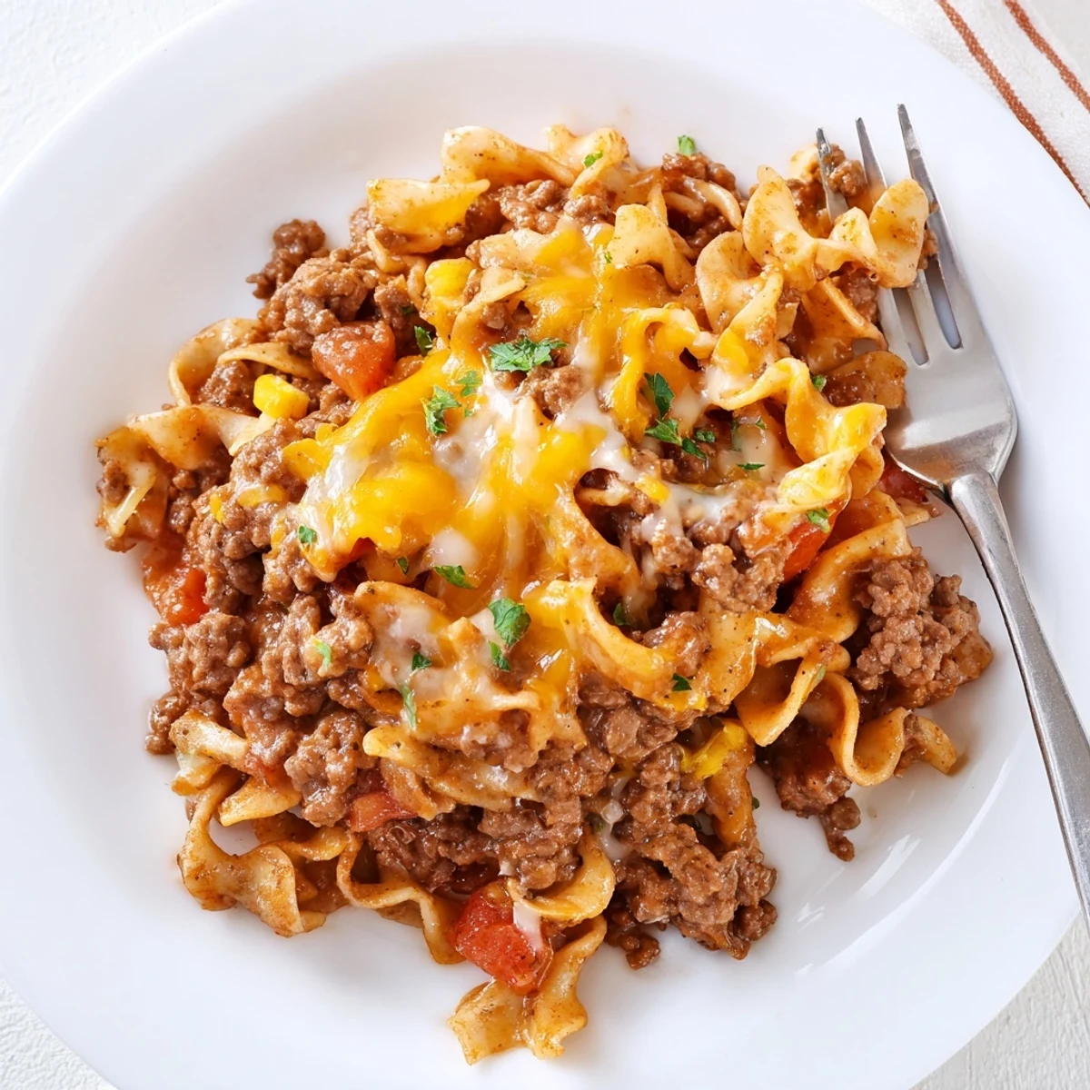 Hearty Beef Noodle Casserole bubbling with melted cheddar, served with garlic bread