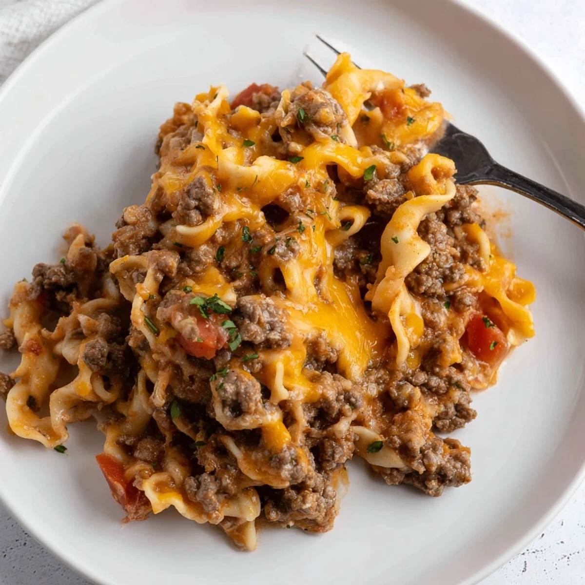 Warm Beef Noodle Casserole in a golden baked crust, steam rising