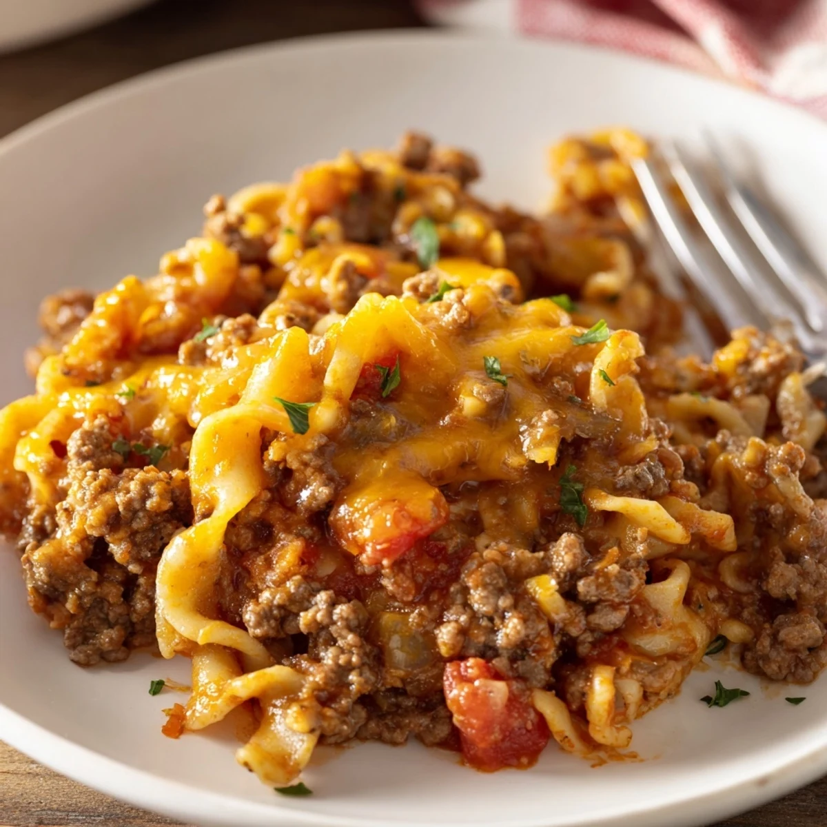 Comforting Beef Noodle Casserole: tender beef, creamy sauce, parsley garnish for family