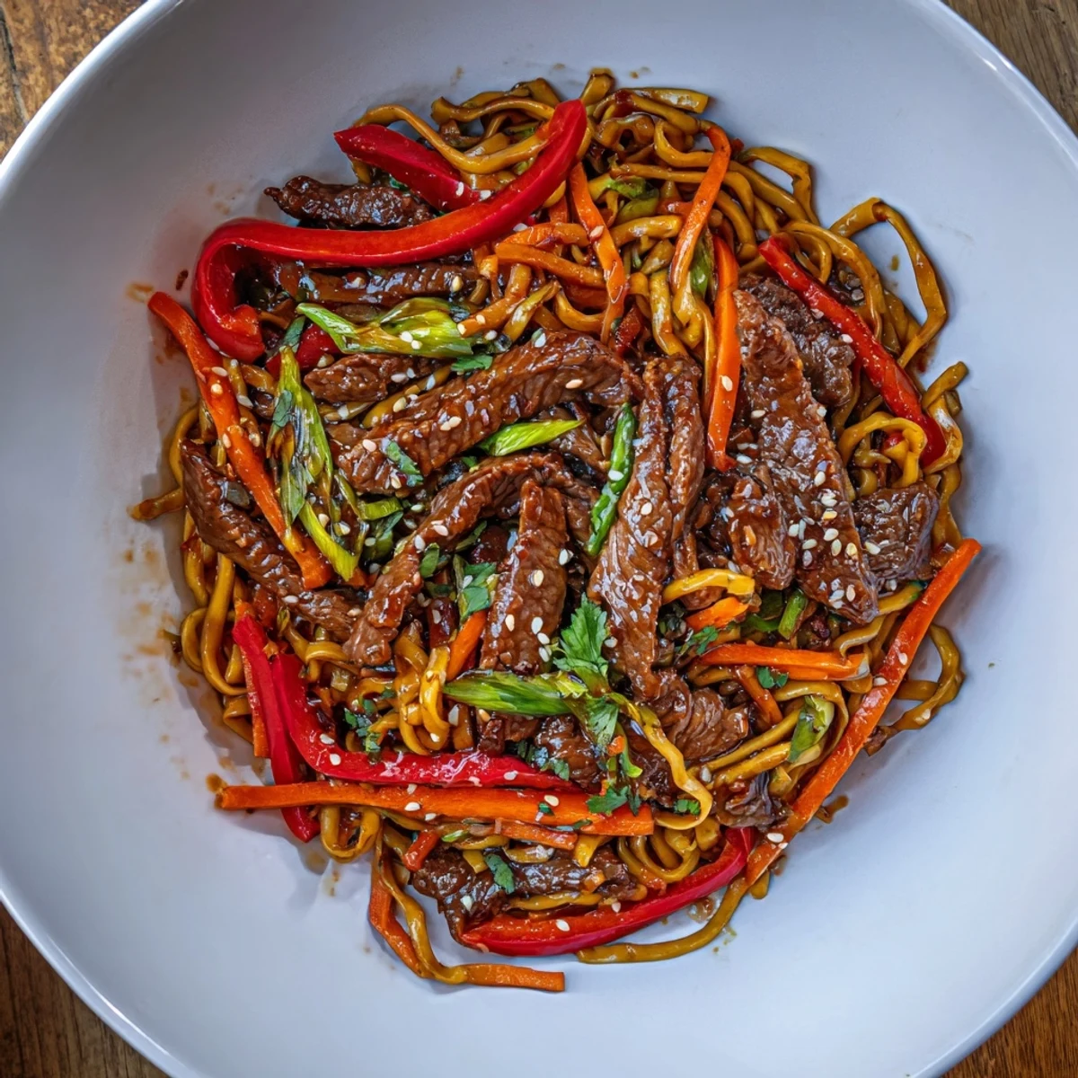 Sticky Beef Noodles glistening with glossy sauce, served steaming in wok