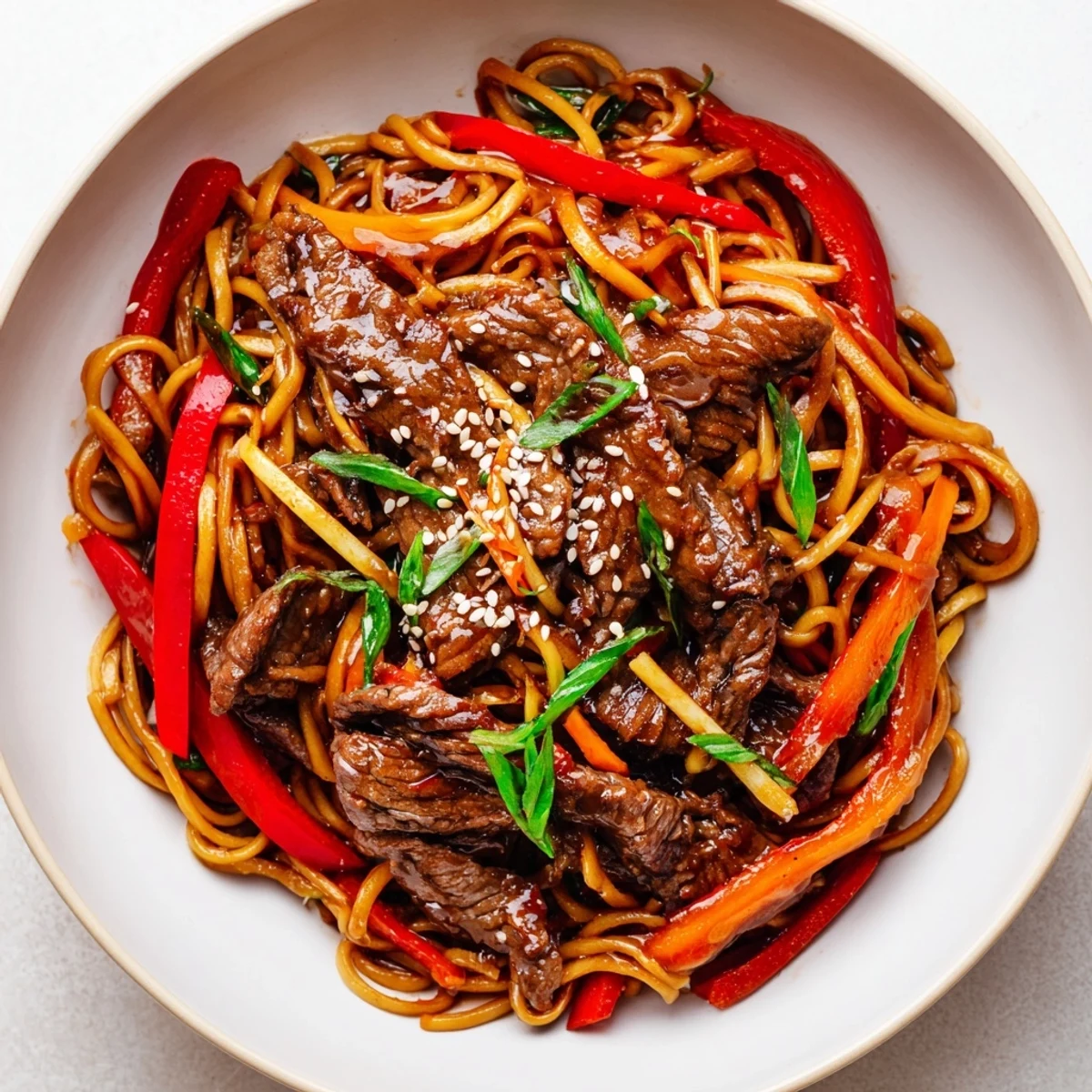 Chewy Sticky Beef Noodles with tender beef strips, perfect quick weeknight dinner