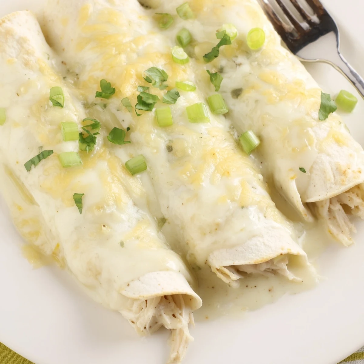 Creamy White Chicken Enchiladas bubbling with golden cheese, garnished with cilantro
