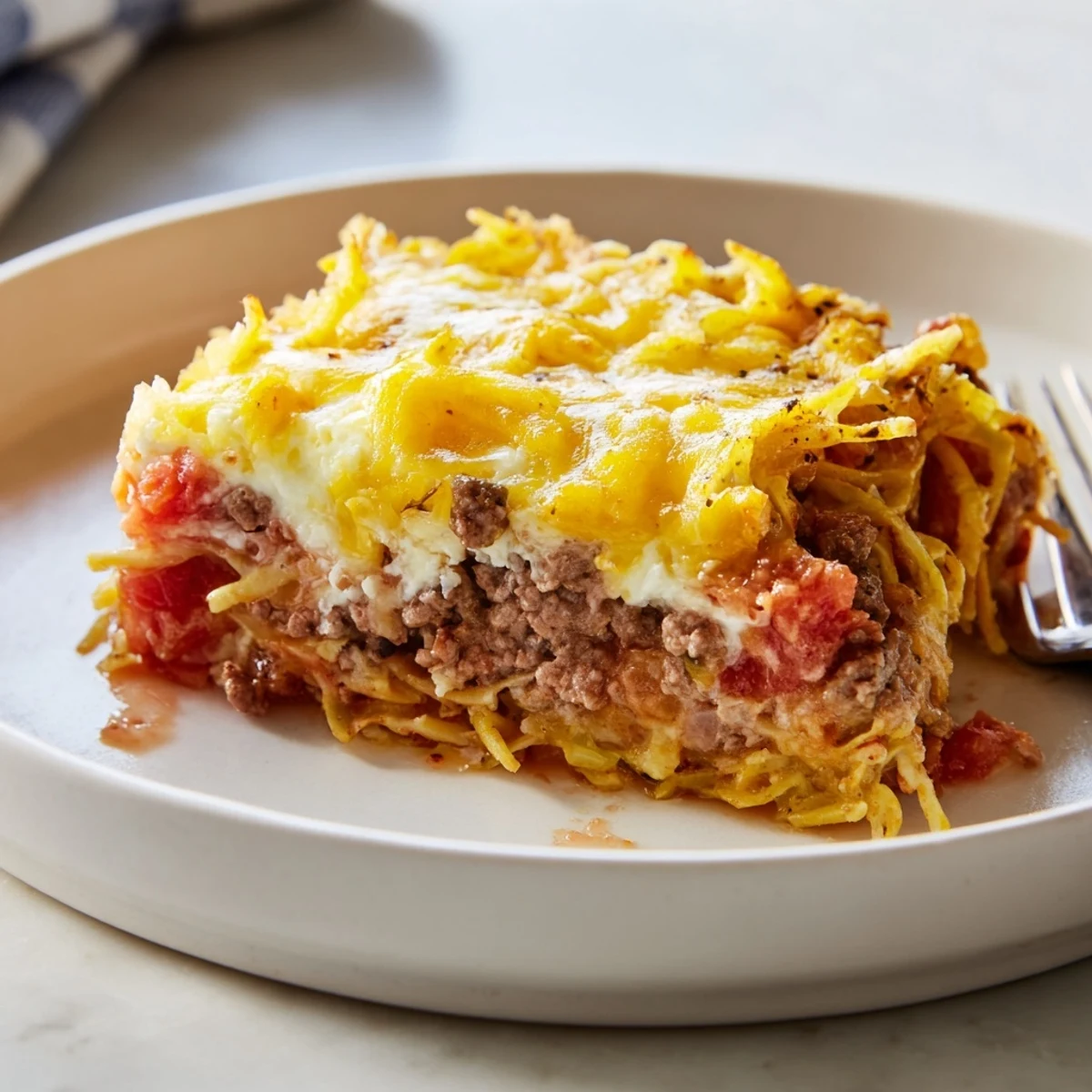 Beef Lombardi Casserole bubbling golden with melted cheddar, ready for family