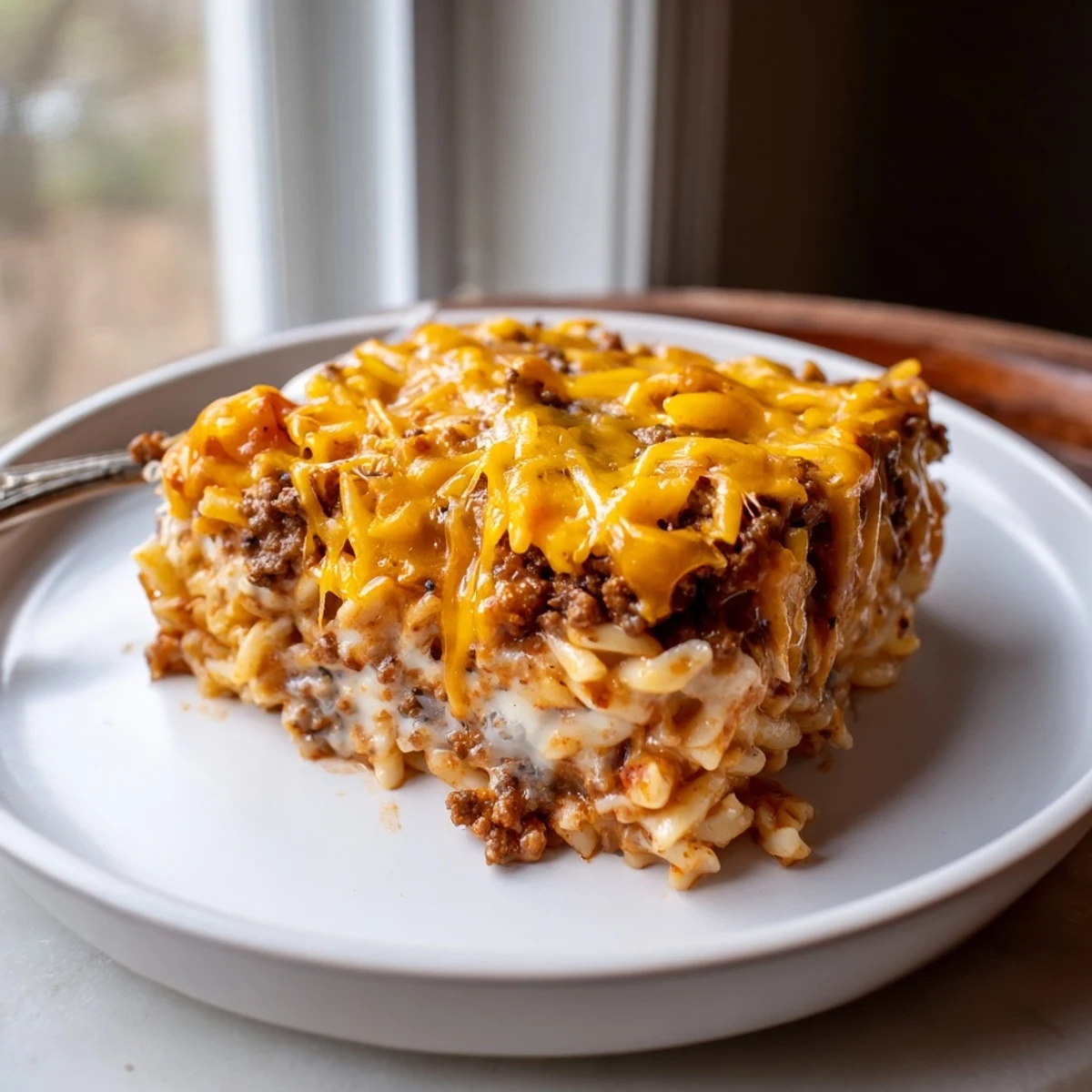 Warm Beef Lombardi Casserole sliced on plate beside crisp green salad