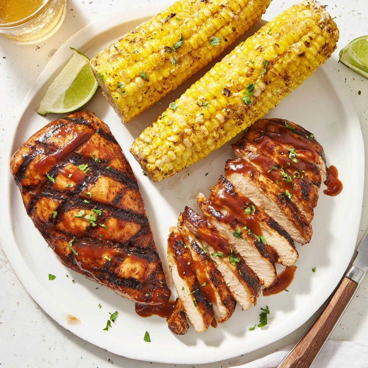 BBQ Chicken With Corn sizzling on grill with charred buttered kernels