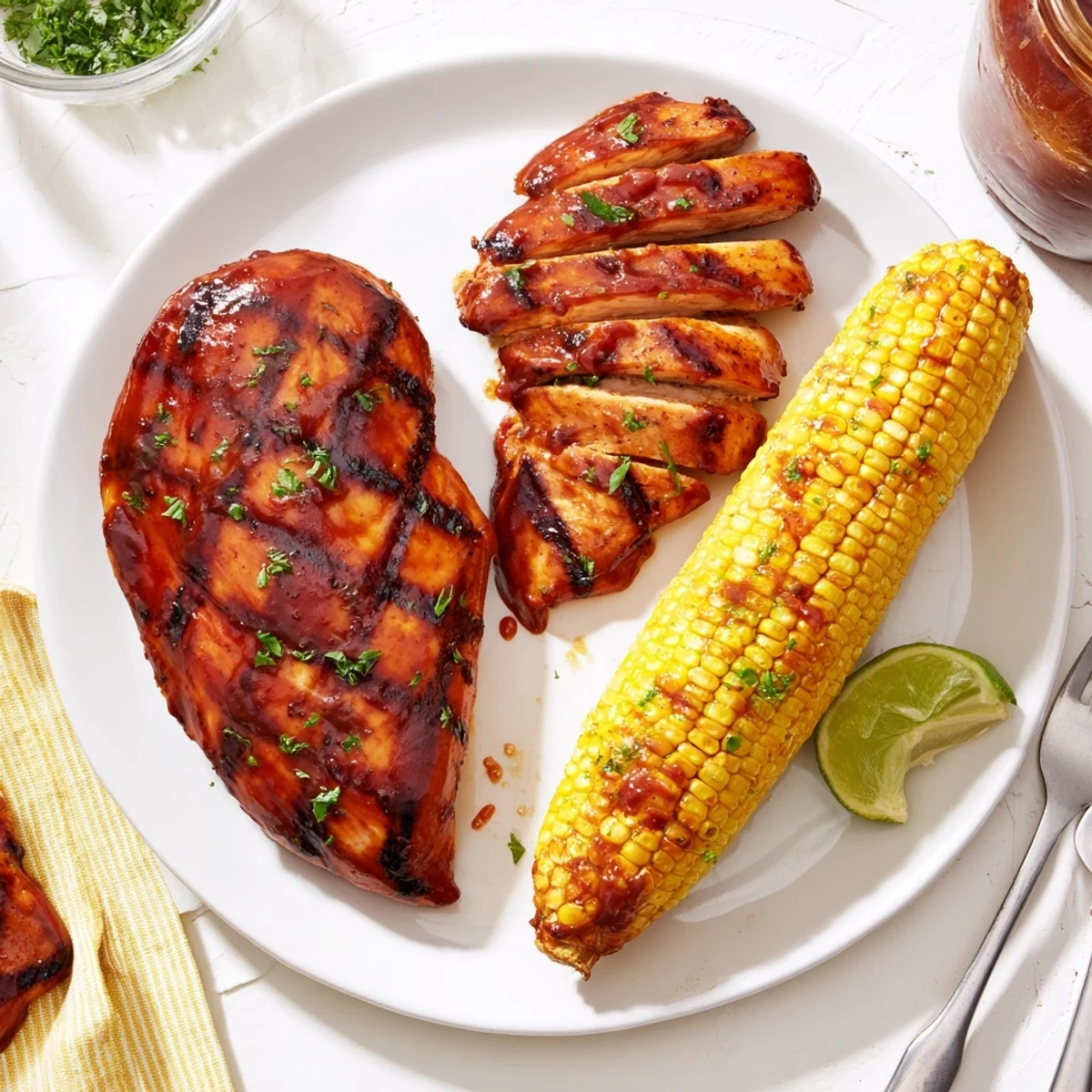 Juicy BBQ Chicken With Corn plated with lime wedges and parsley