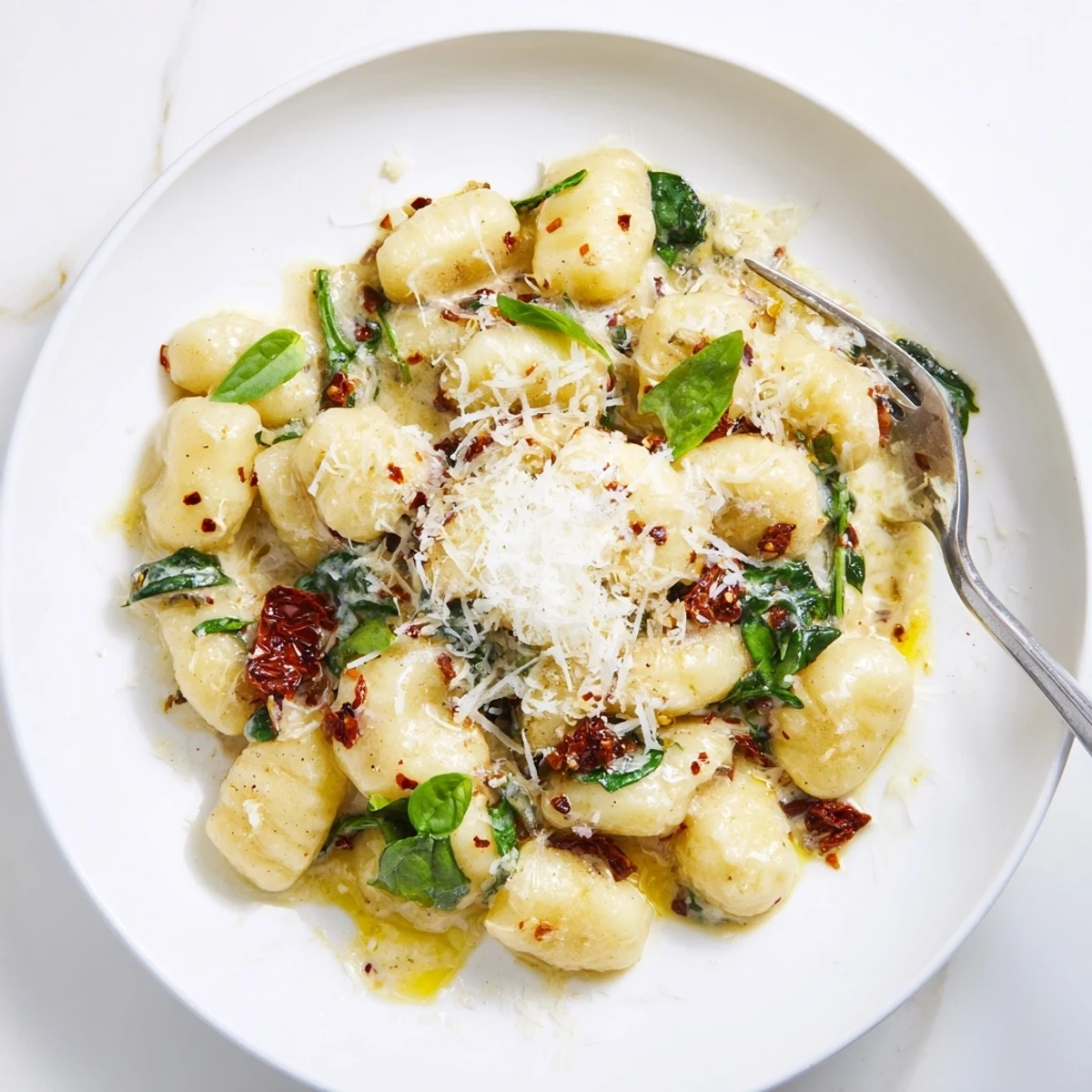 Creamy Marry Me Gnocchi with sun-dried tomatoes and basil, steaming