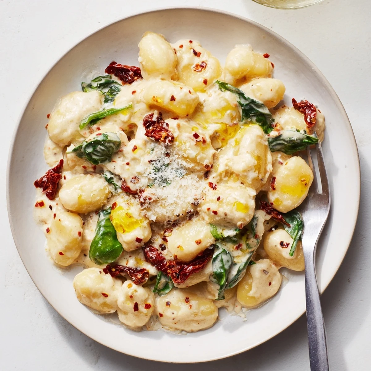 Spoonful of Marry Me Gnocchi on plate, Parmesan melting, fragrant