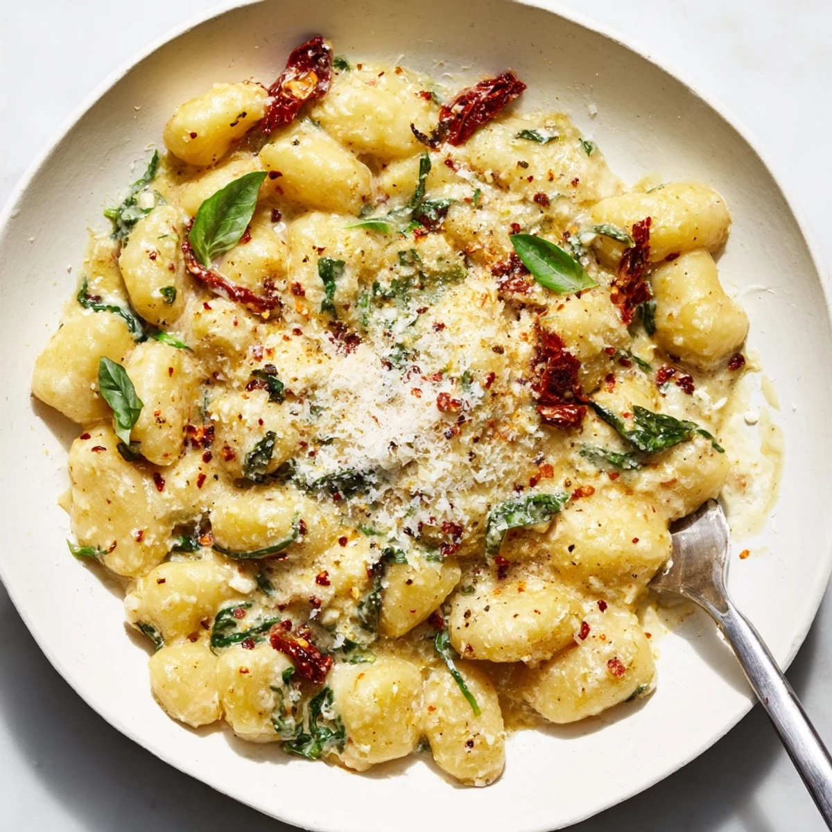 Velvety Marry Me Gnocchi garnished with fresh basil and cracked pepper