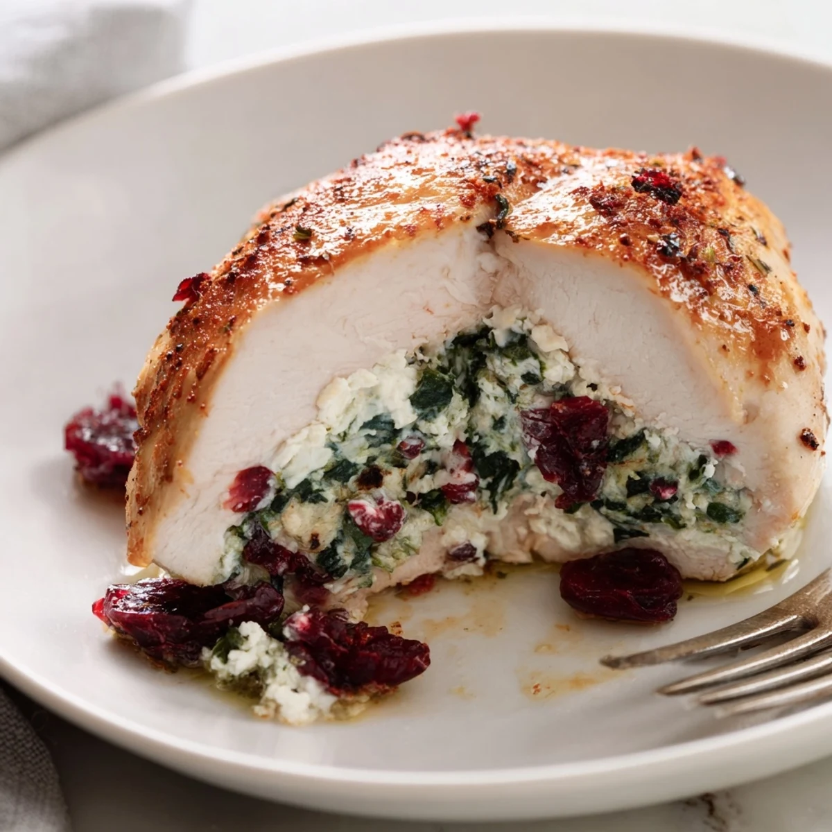 Cranberry Spinach Stuffed Chicken Breasts gleaming with melted cheese, roasted to golden