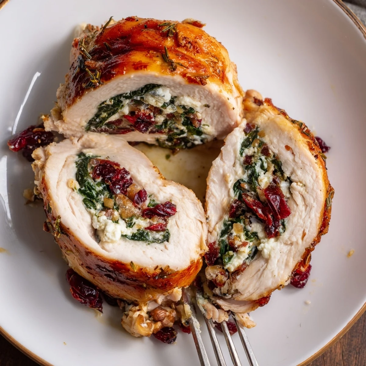 Savory Cranberry Spinach Stuffed Chicken Breasts sliced, showing tart cranberries and creamy filling