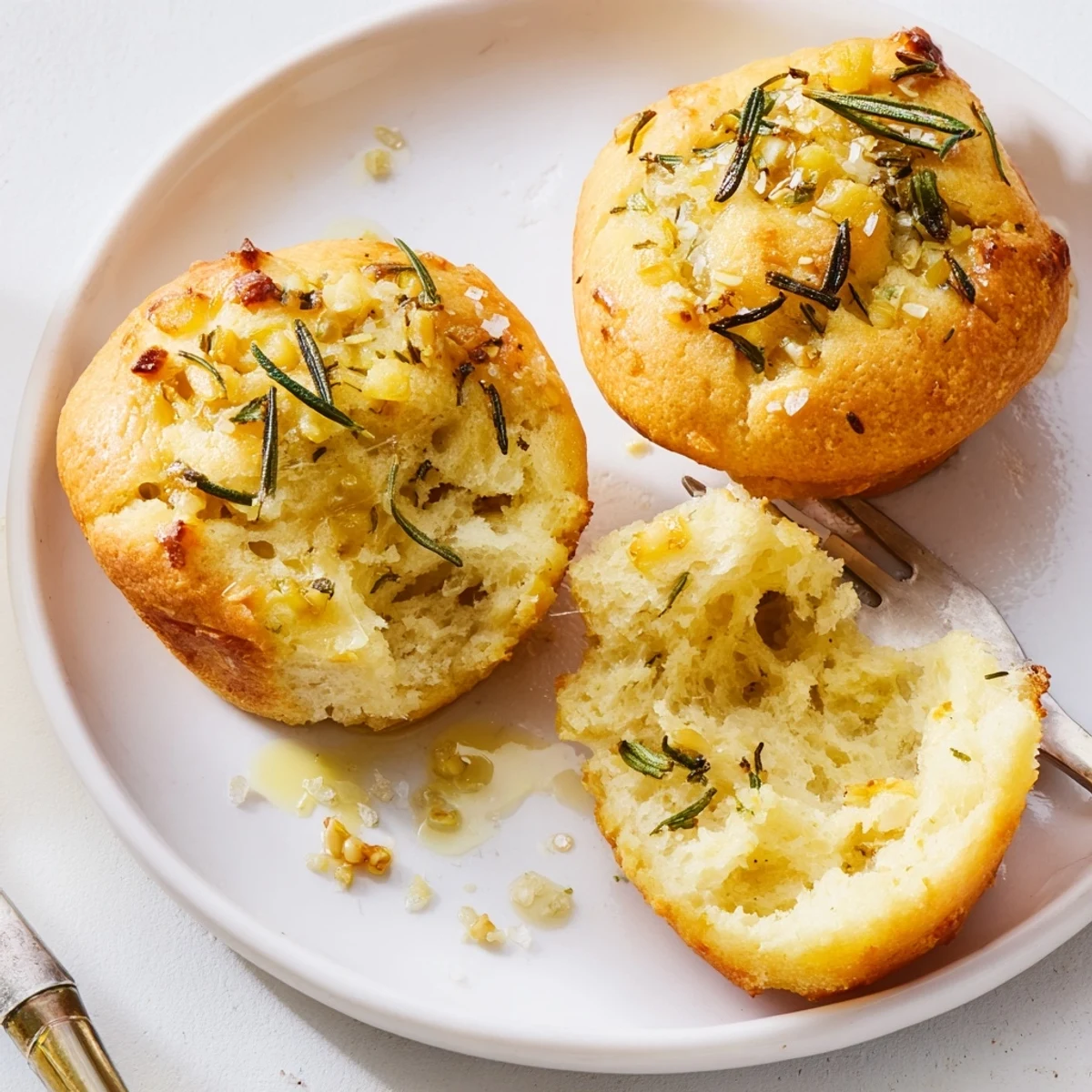 Garlic Rosemary Focaccia Muffins, golden-topped, aromatic, served warm with olive oil