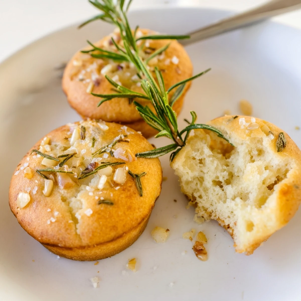 Warm Garlic Rosemary Focaccia Muffins with flaky sea salt, soft crumb