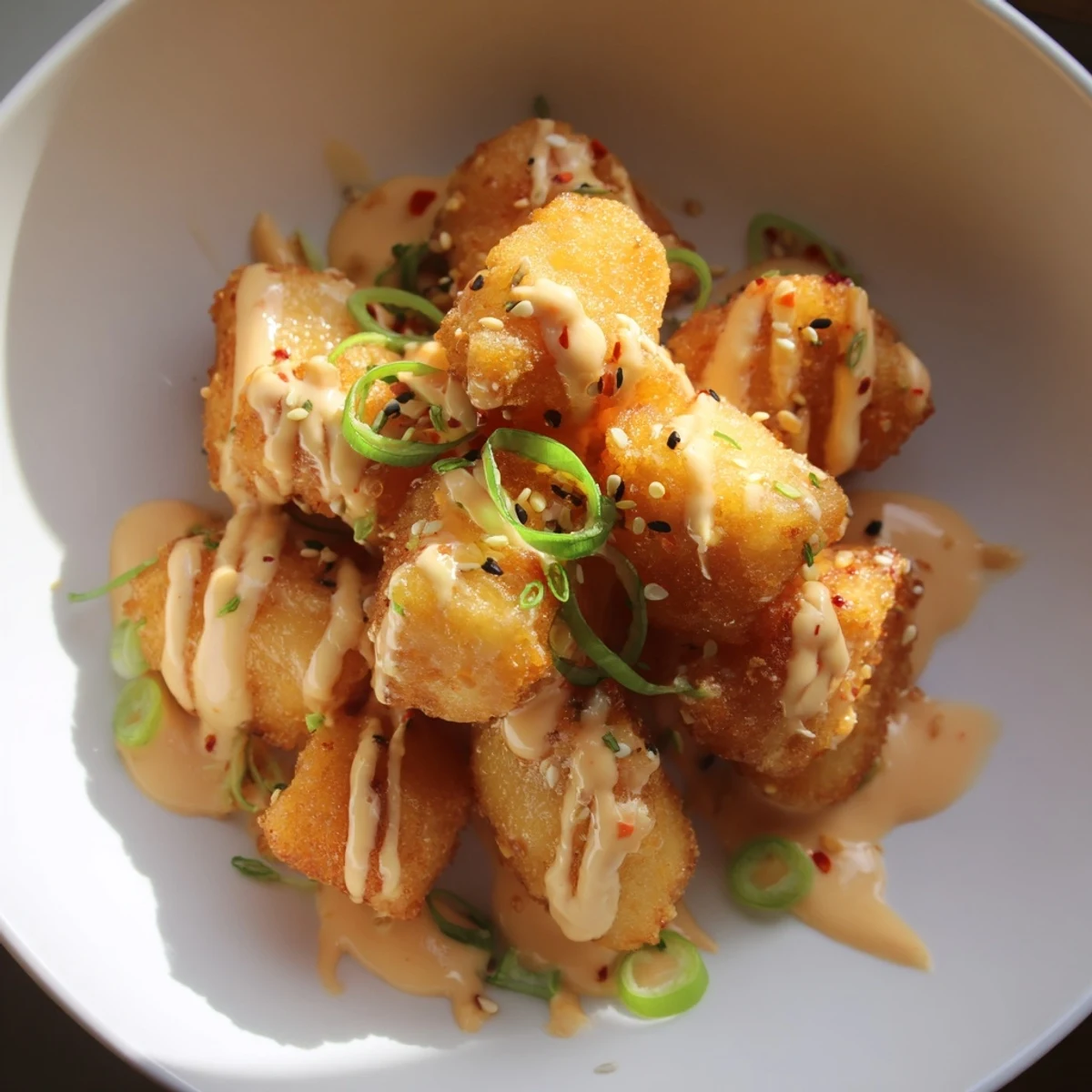 Crispy Bang Bang Salmon Bites Recipe coated in spicy-sweet sauce, scallion garnish