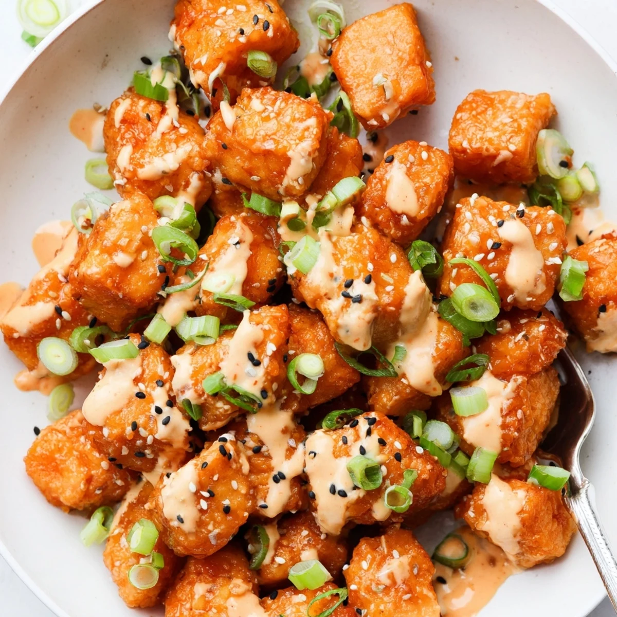 Pan-fried Bang Bang Salmon Bites Recipe with golden crust, creamy heat over rice