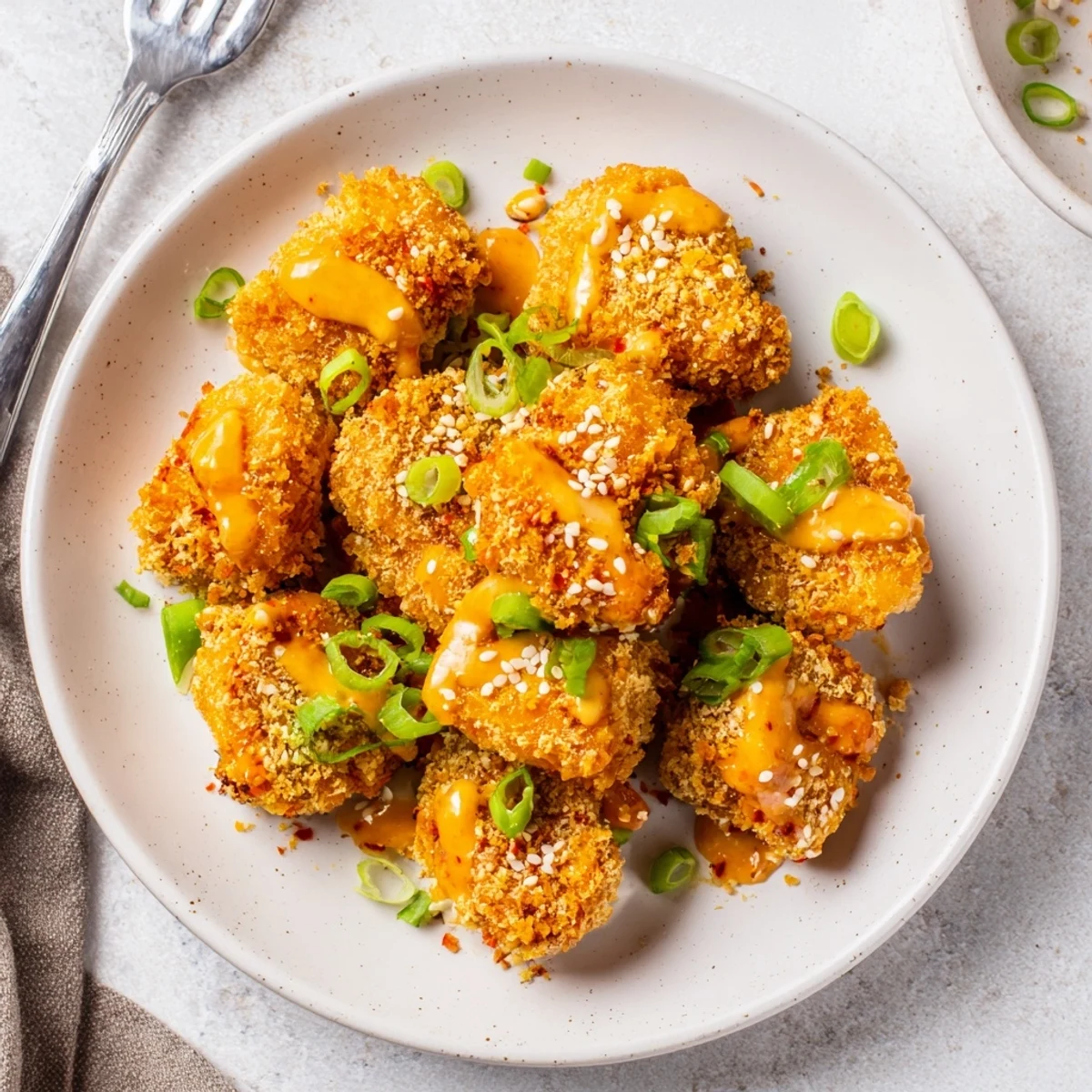 Party-ready Bang Bang Salmon Bites Recipe tossed in sauce, sesame and cilantro