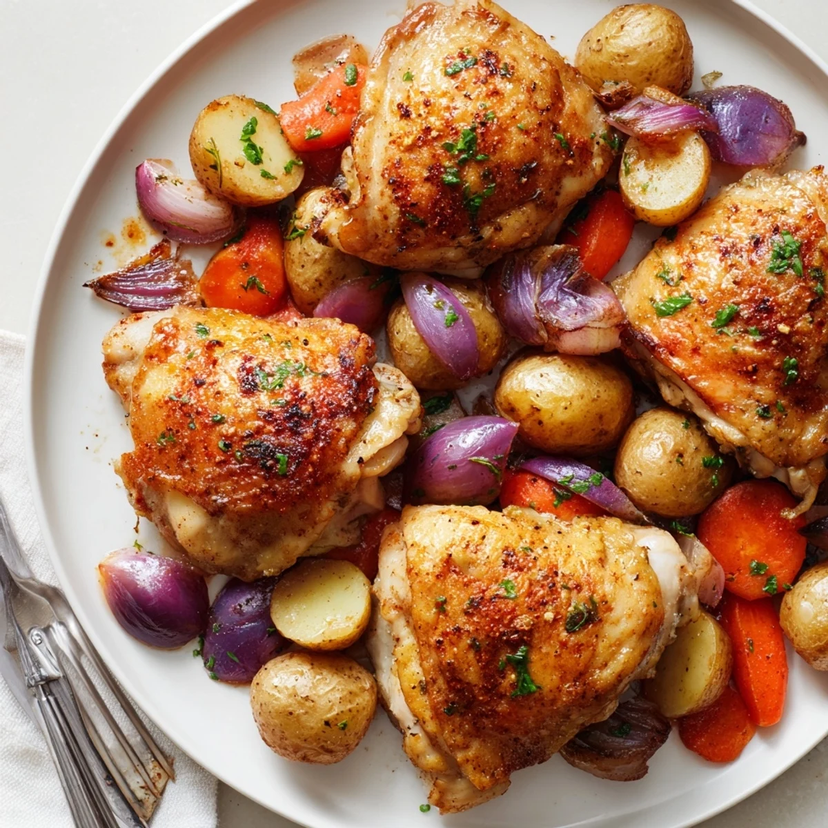 Sheet Pan Chicken And Potatoes with golden crispy skin and roasted herb potatoes