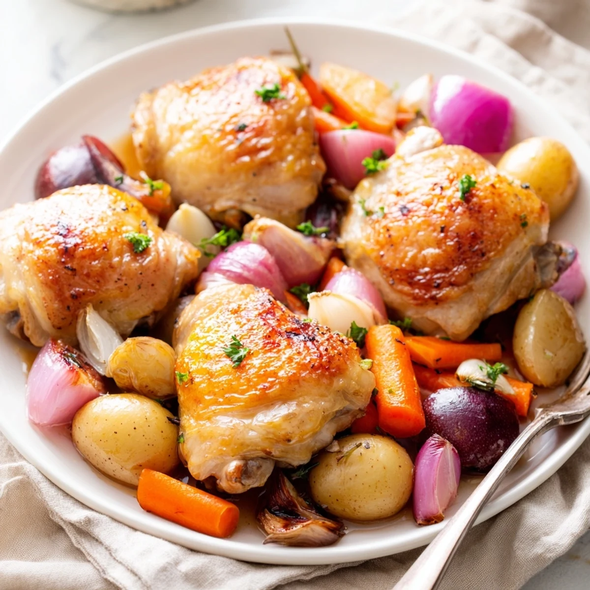 Oven roasted Sheet Pan Chicken And Potatoes served steaming, garnished with parsley