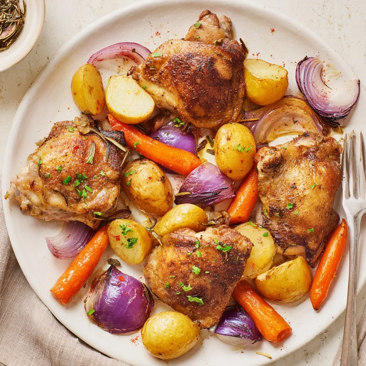Sheet Pan Chicken And Potatoes nestled on a baking sheet, carrots and onions