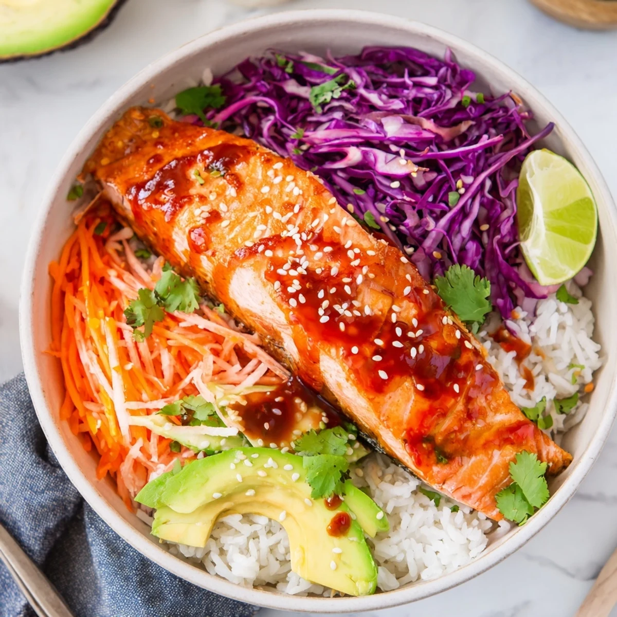 Bang Bang Salmon Bowls with roasted salmon, creamy spicy sauce, avocado slices.