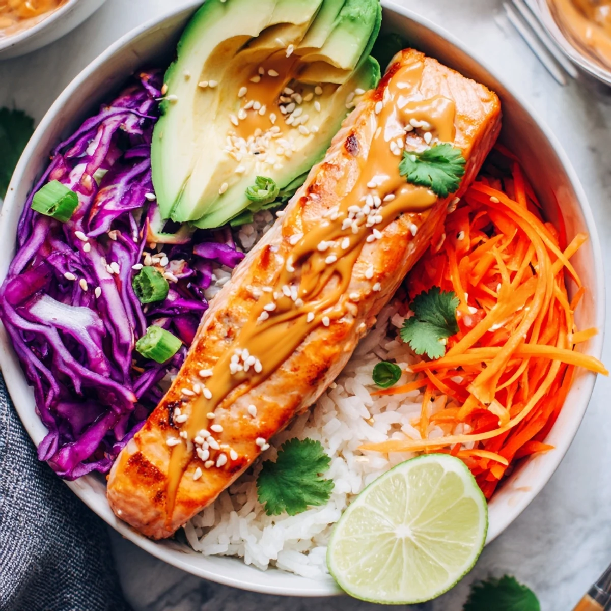 Flaky roasted salmon in Bang Bang Salmon Bowls topped with sesame, cilantro.